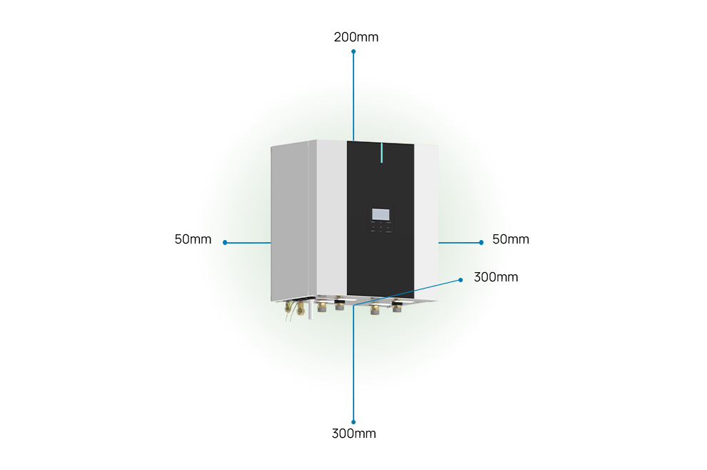 SPHERA EVO 2.0 BOX, spațiile necesare pentru instalare sunt: 50 milimetri pe ambele laturi, 200 milimetri deasupra, 300 milimetri dedesubt, 300 milimetri frontal
